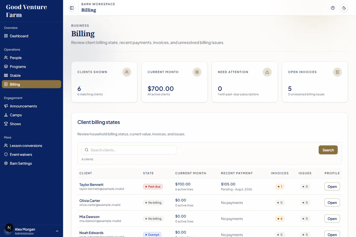 SaddleSync billing workspace showing synthetic Good Venture Farm clients, recurring charges, invoices, and payment states.
