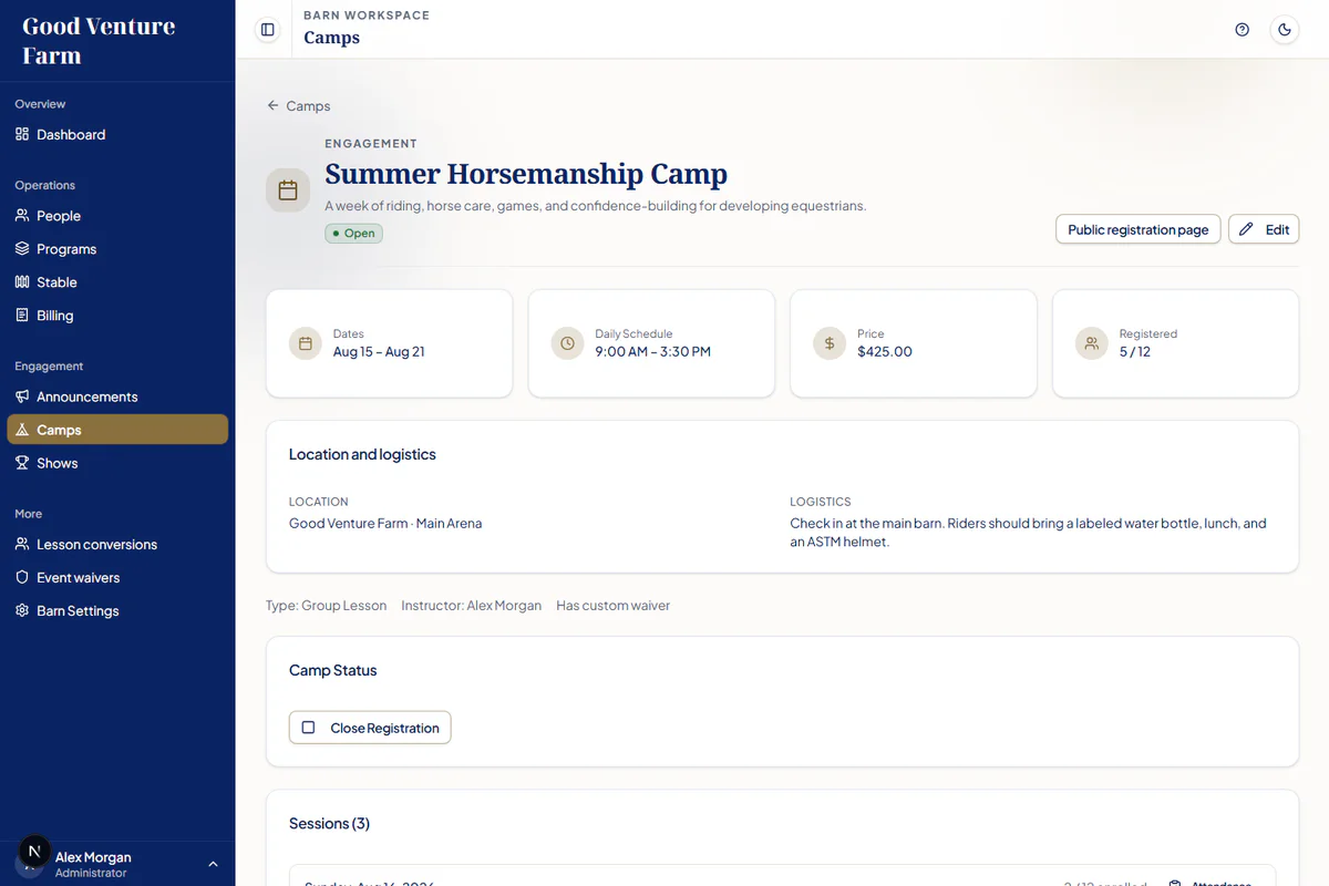 SaddleSync camp workspace showing a synthetic Good Venture Farm event, capacity, schedule, and logistics.