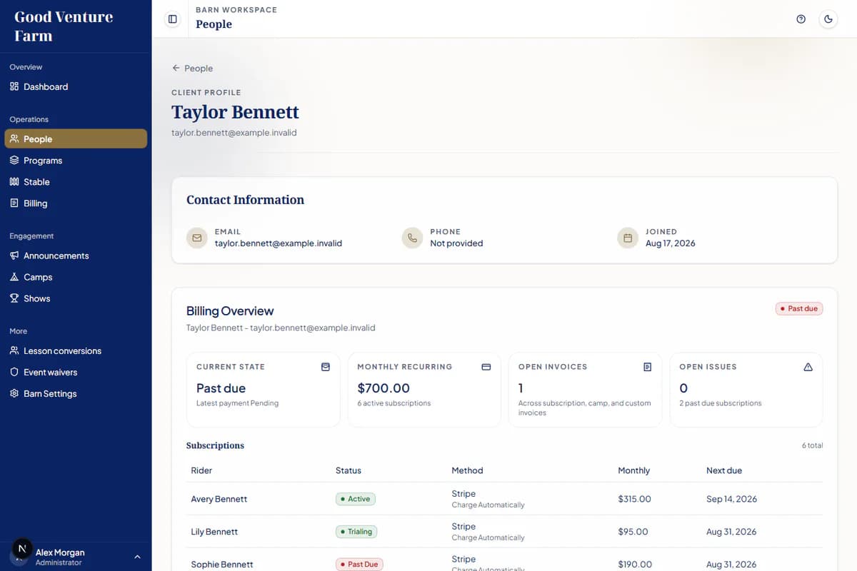 SaddleSync client profile showing a synthetic Good Venture Farm household, riders, and billing overview.
