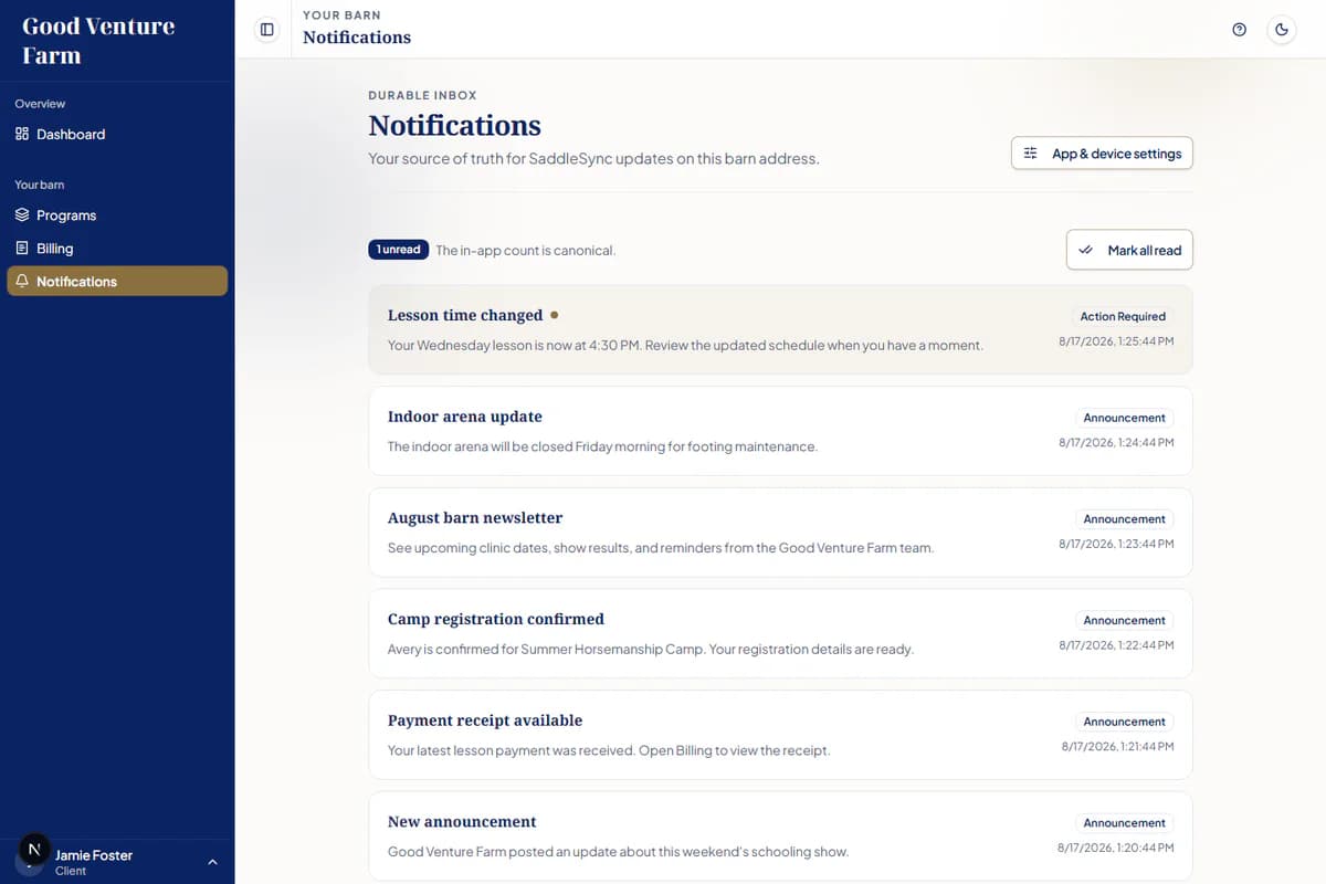 SaddleSync notification center showing synthetic Good Venture Farm lesson, camp, payment, and barn updates.