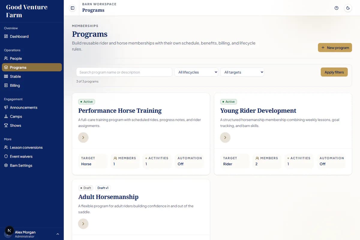 SaddleSync program workspace showing synthetic Good Venture Farm rider and horse memberships.