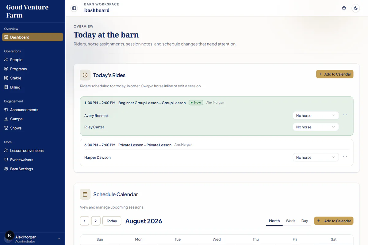 SaddleSync admin dashboard showing synthetic Good Venture Farm lessons, riders, and the schedule calendar.